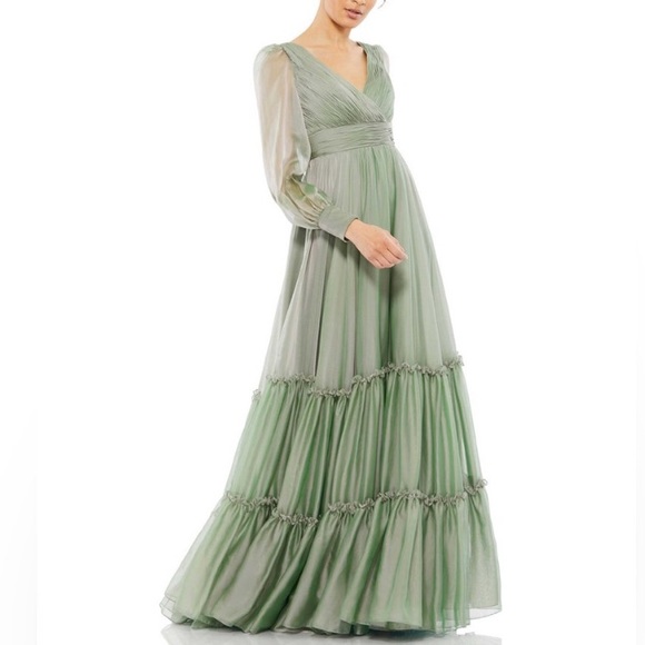 Mac Duggal Faux Wrap Long Sleeve Tiered Gown | Size 14 - Picture 1 of 12